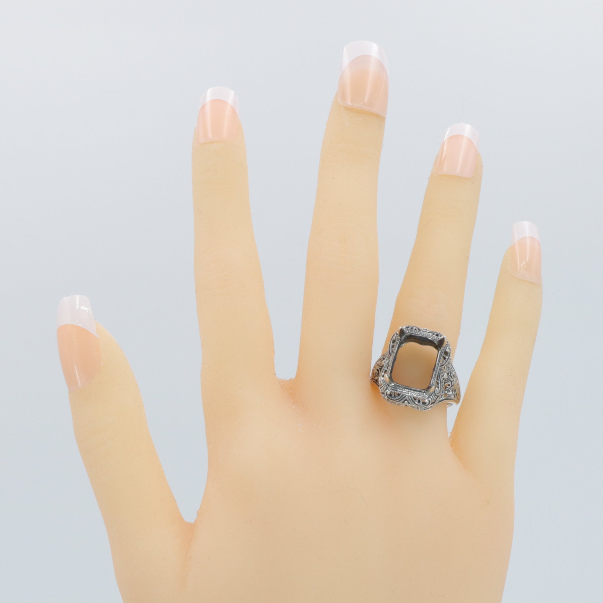 Detail view of Art Deco Semi Mount Filigree Ring will hold 10 x 12mm Octagon Shaped Gemstone highlighting design details