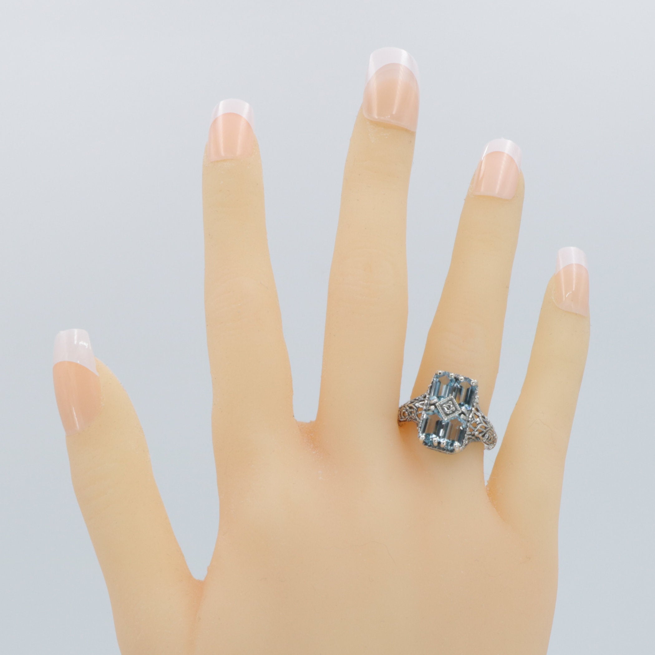 Detail view of Art Deco Style 2 Carat Blue Topaz Filigree Ring w/ Diamond Sterling Silver highlighting Blue Topaz, Diamond