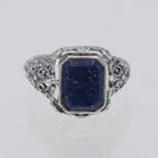Back view of Vintage Inspired Black Onyx and Lapis Filigree Flip Ring showing 925 sterling silver hallmark