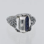 Detail view of Vintage Inspired Black Onyx and Lapis Filigree Flip Ring highlighting Black Onyx, Lapis