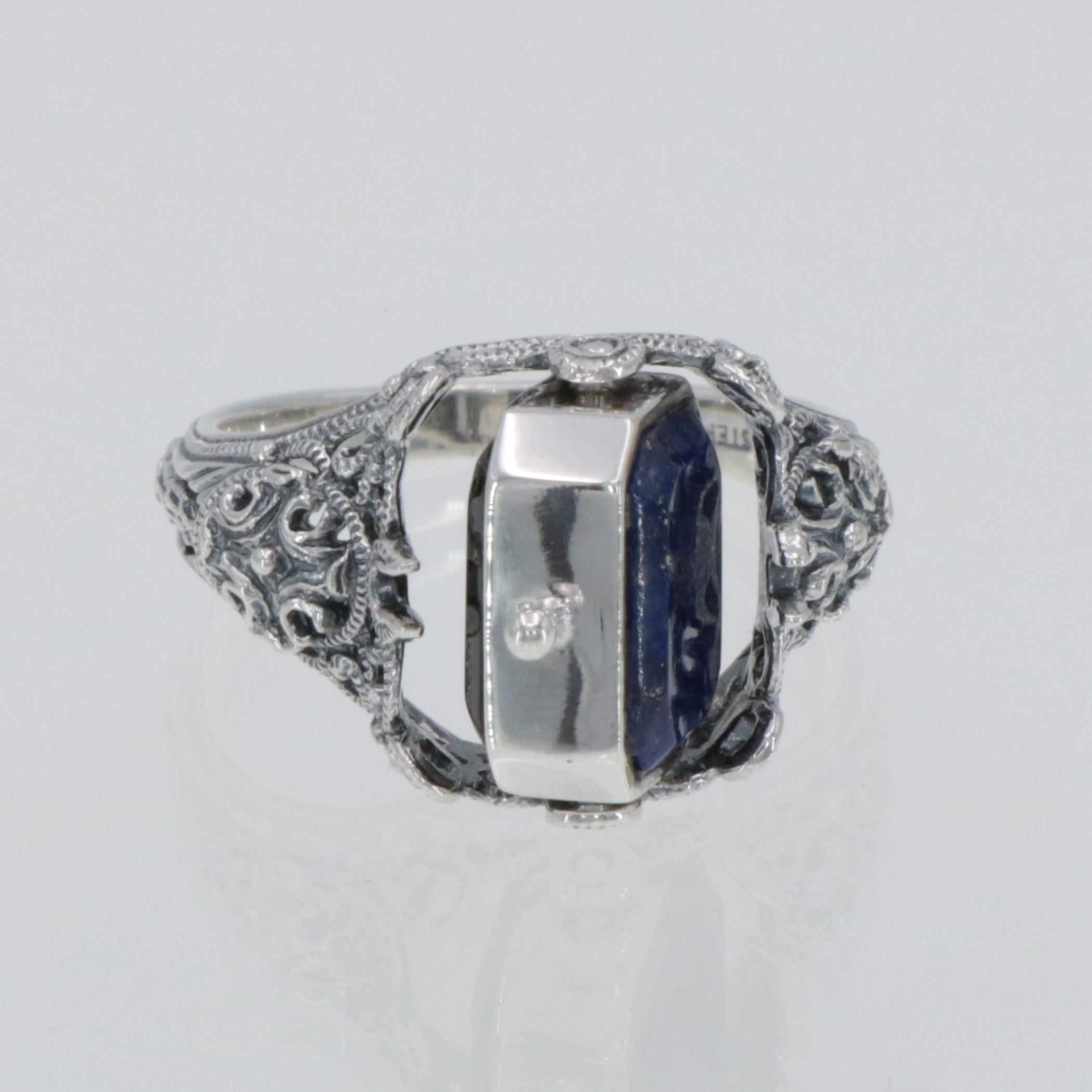 Detail view of Vintage Inspired Black Onyx and Lapis Filigree Flip Ring highlighting Black Onyx, Lapis
