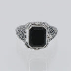 Detail view of Vintage Inspired Black Onyx and Lapis Filigree Flip Ring highlighting Black Onyx, Lapis