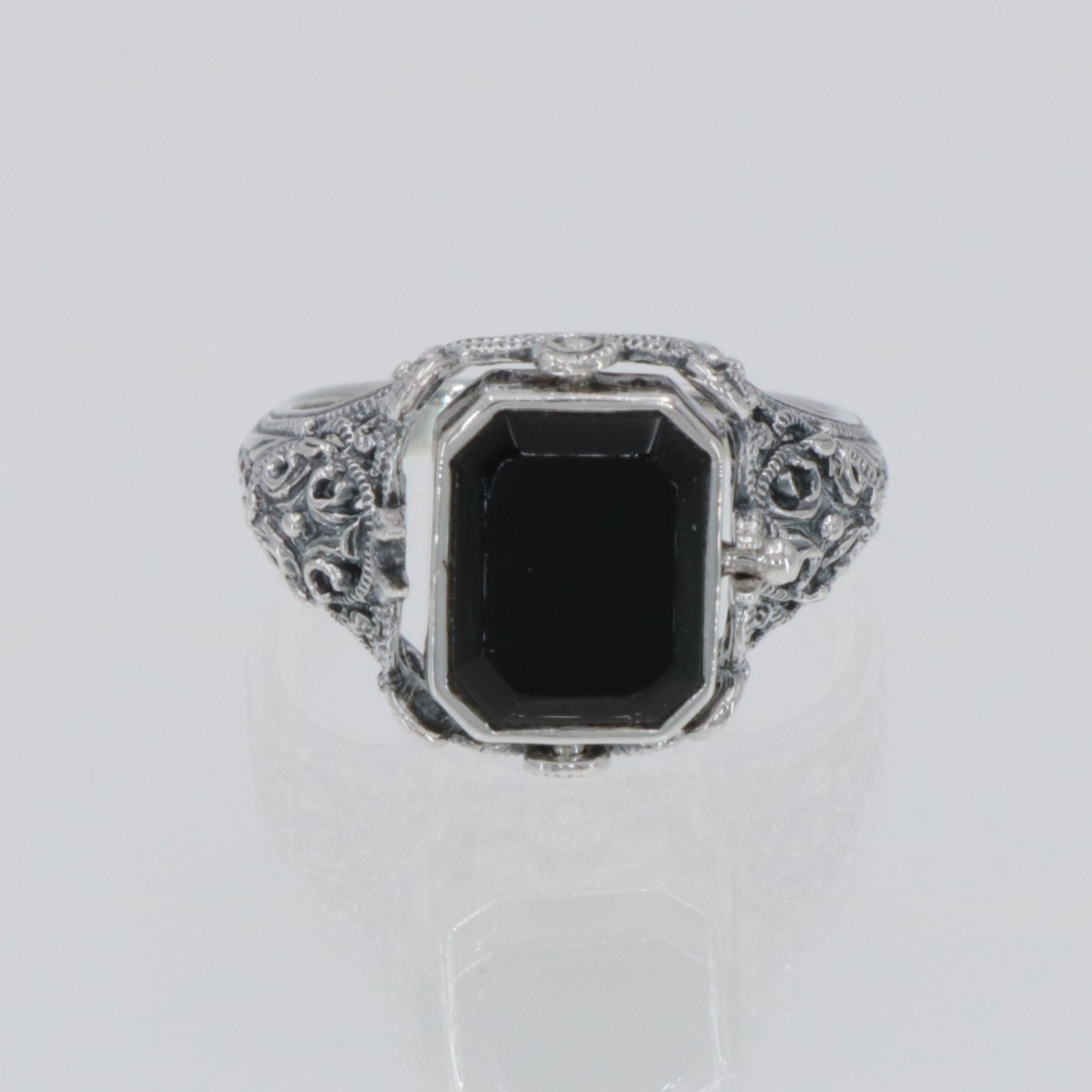 Detail view of Vintage Inspired Black Onyx and Lapis Filigree Flip Ring highlighting Black Onyx, Lapis