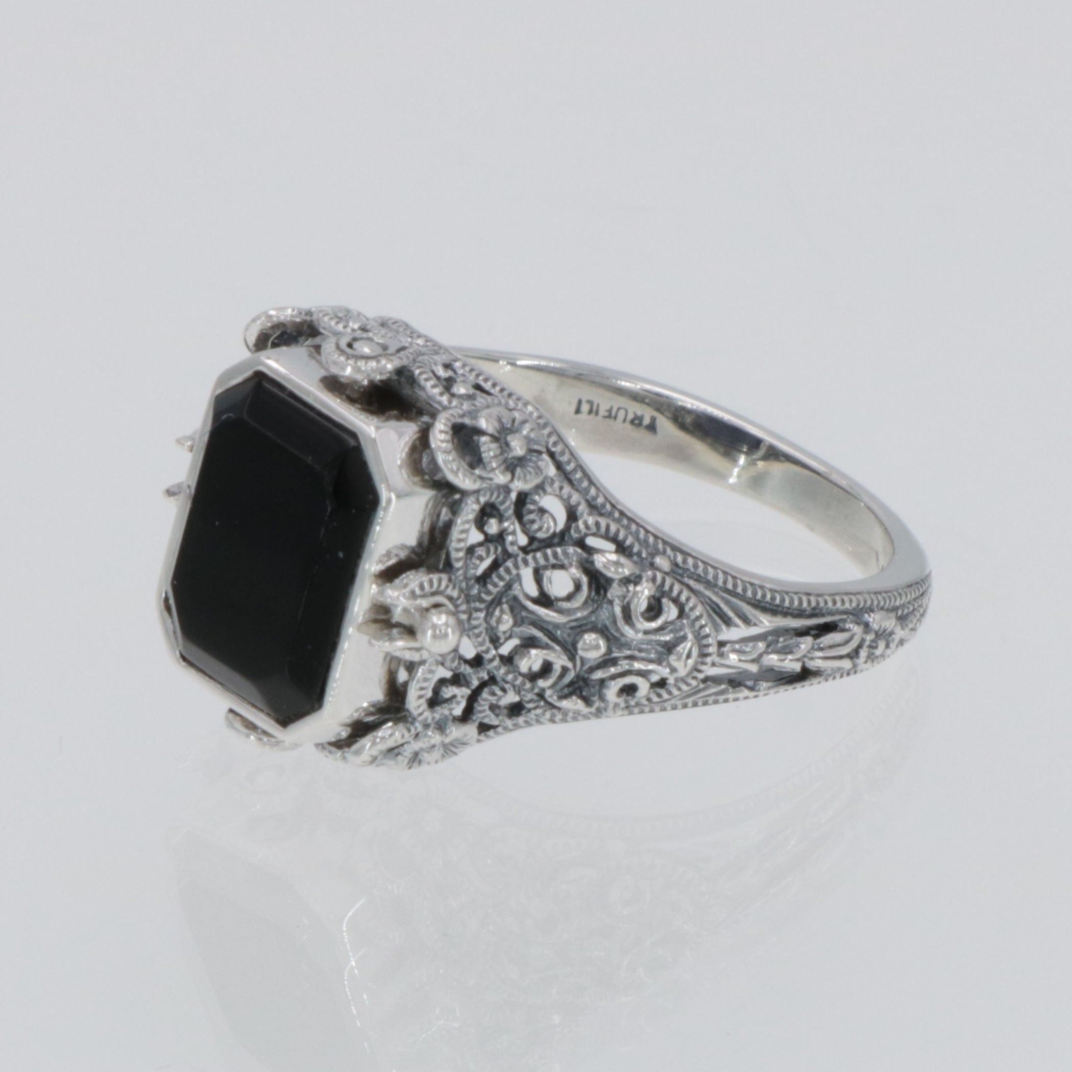 Detail view of Vintage Inspired Black Onyx and Lapis Filigree Flip Ring highlighting Black Onyx, Lapis