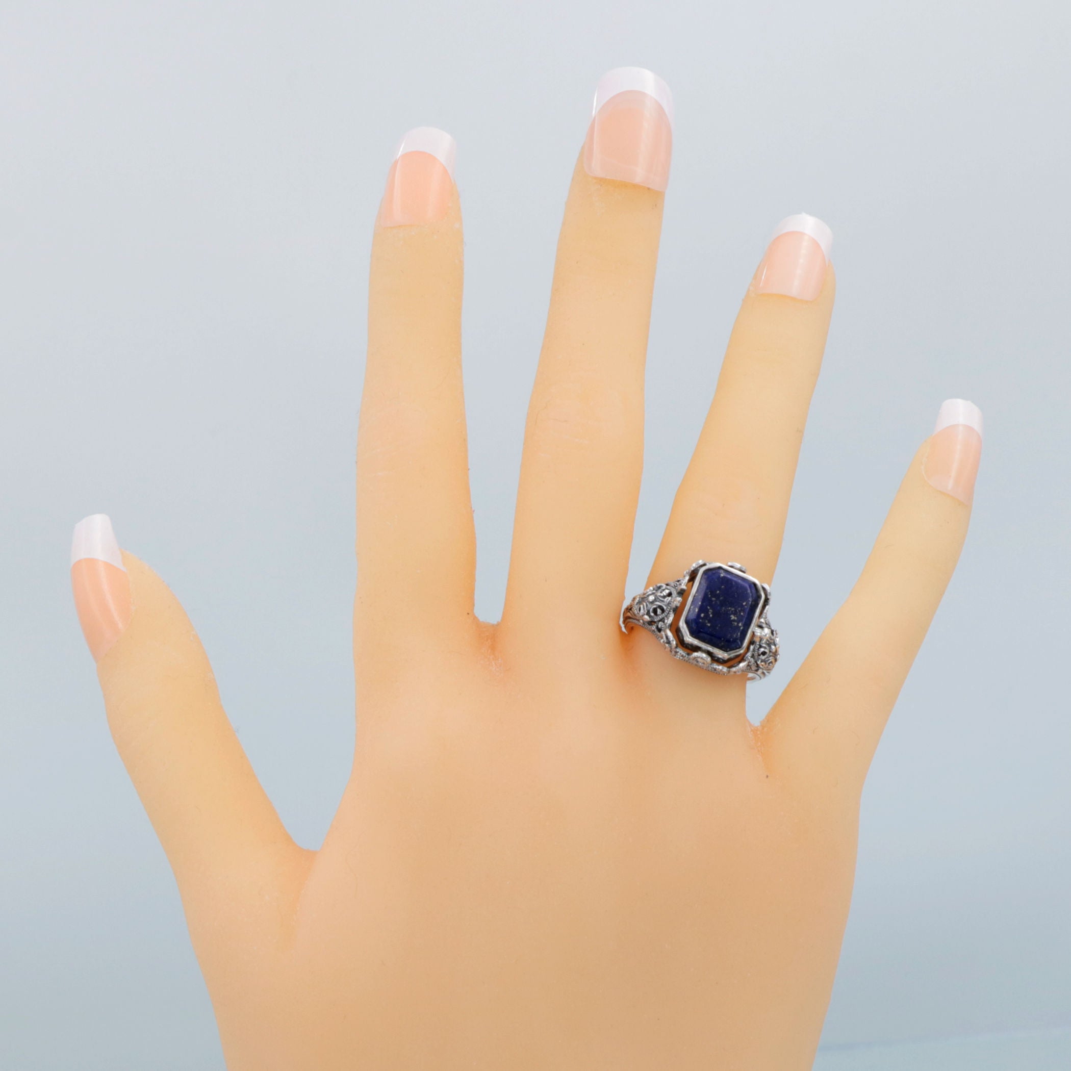 Detail view of Vintage Inspired Black Onyx and Lapis Filigree Flip Ring highlighting Black Onyx, Lapis