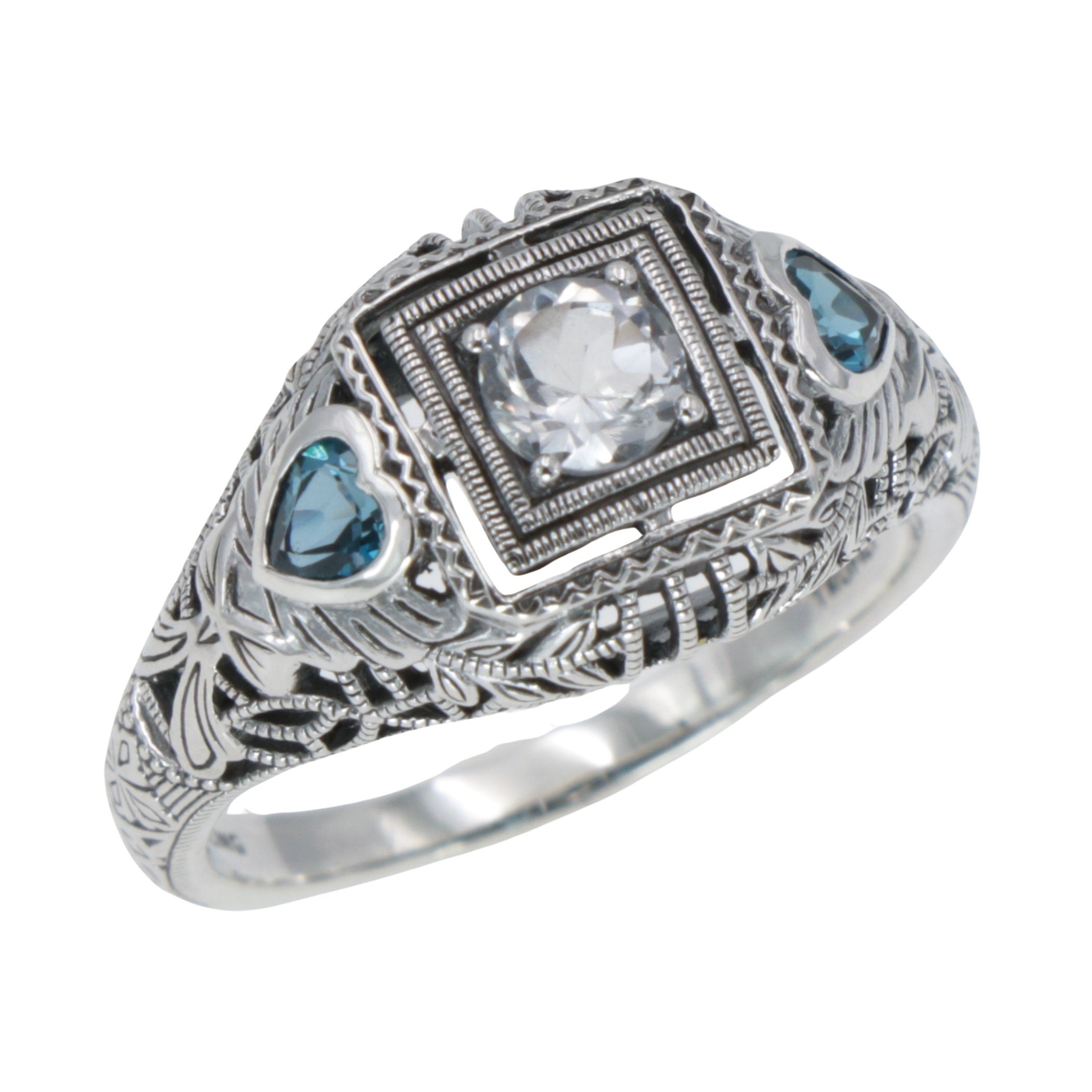 Art Deco style, Blue Topaz, London Blue Topaz, sterling silver rings, front view