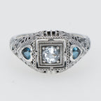 Back view of Art Deco White Topaz Filigree Ring London Blue Topaz Accents Sterling Silver showing 925 sterling silver hallmar