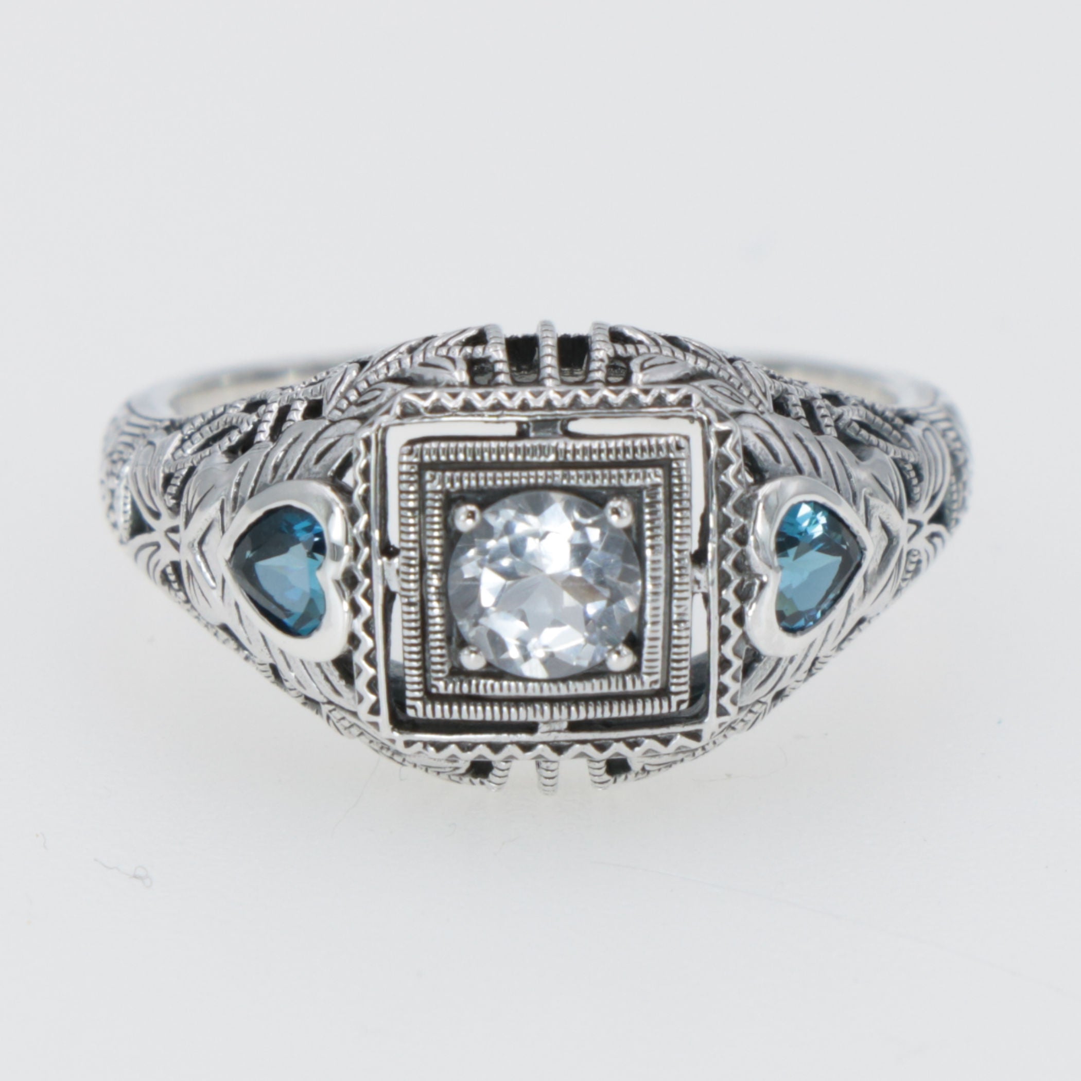 Back view of Art Deco White Topaz Filigree Ring London Blue Topaz Accents Sterling Silver showing 925 sterling silver hallmar