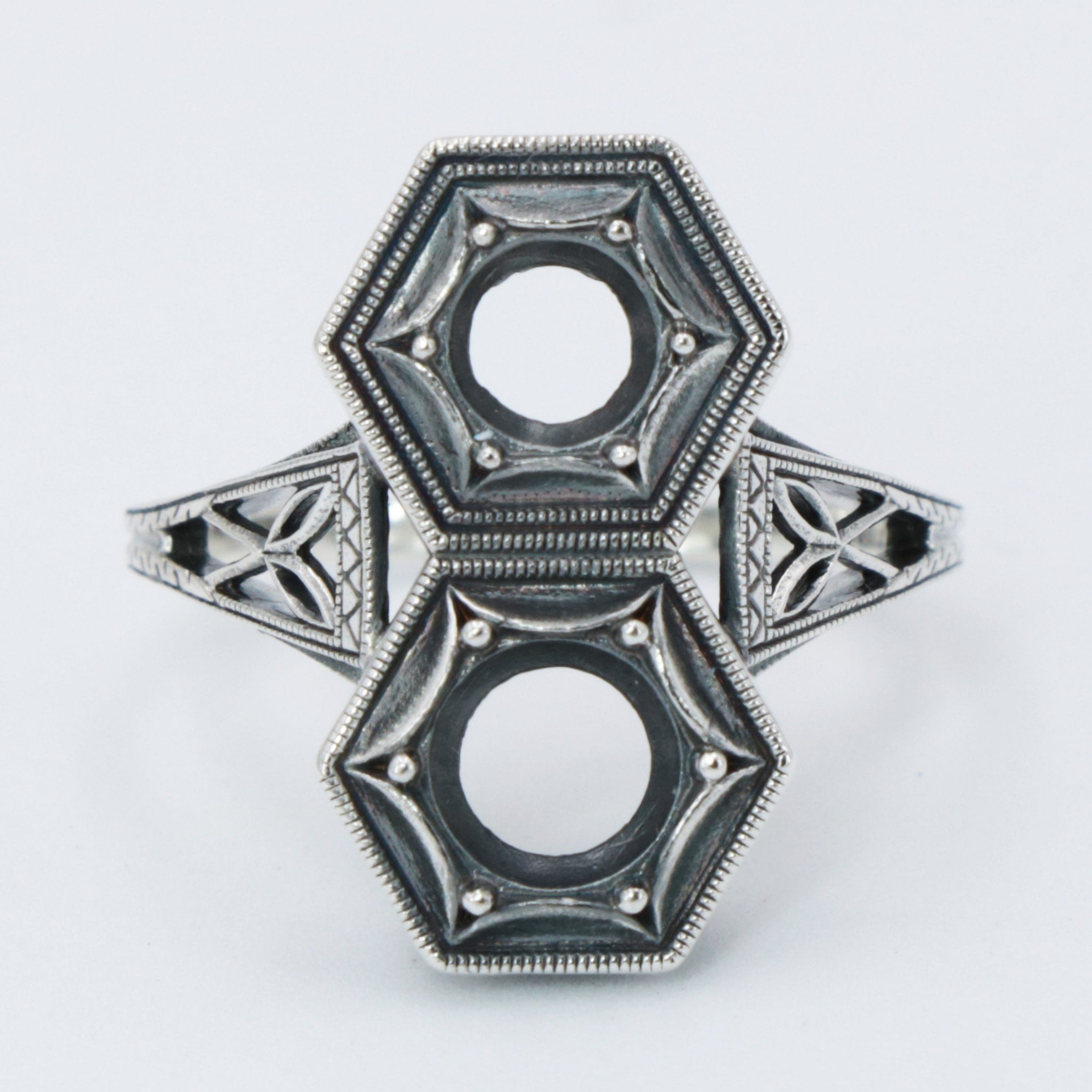 Back view of Art Deco Two Stone 5mm & 6mm Sterling Silver Semi Mount Filigree Ring showing 925 sterling silver hallmark