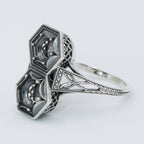 Detail view of Art Deco Two Stone 5mm & 6mm Sterling Silver Semi Mount Filigree Ring highlighting design details