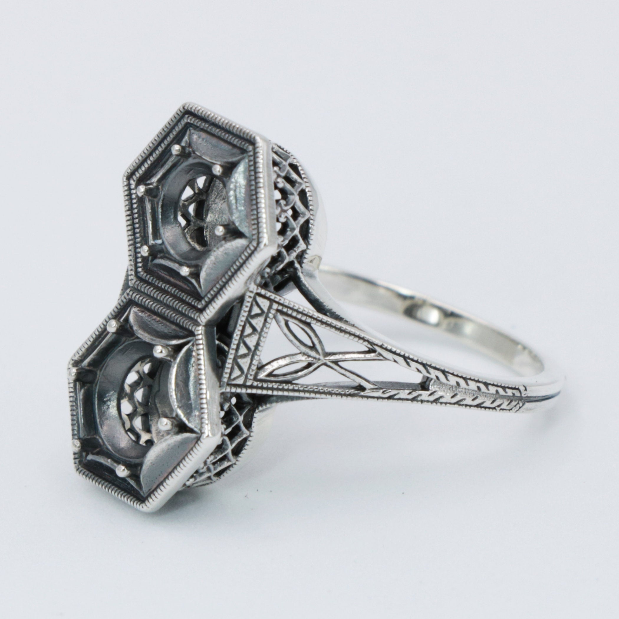 Detail view of Art Deco Two Stone 5mm & 6mm Sterling Silver Semi Mount Filigree Ring highlighting design details