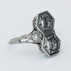 Detail view of Art Deco Two Stone 5mm & 6mm Sterling Silver Semi Mount Filigree Ring highlighting design details