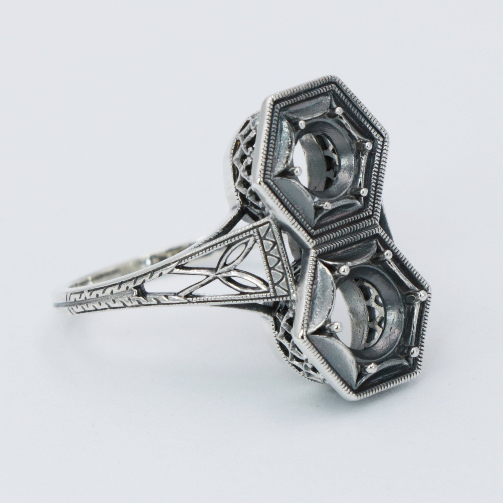 Detail view of Art Deco Two Stone 5mm & 6mm Sterling Silver Semi Mount Filigree Ring highlighting design details