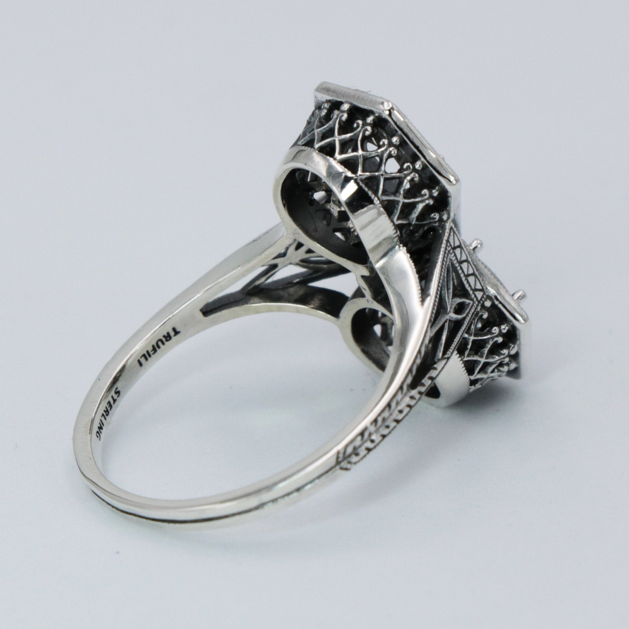 Detail view of Art Deco Two Stone 5mm & 6mm Sterling Silver Semi Mount Filigree Ring highlighting design details