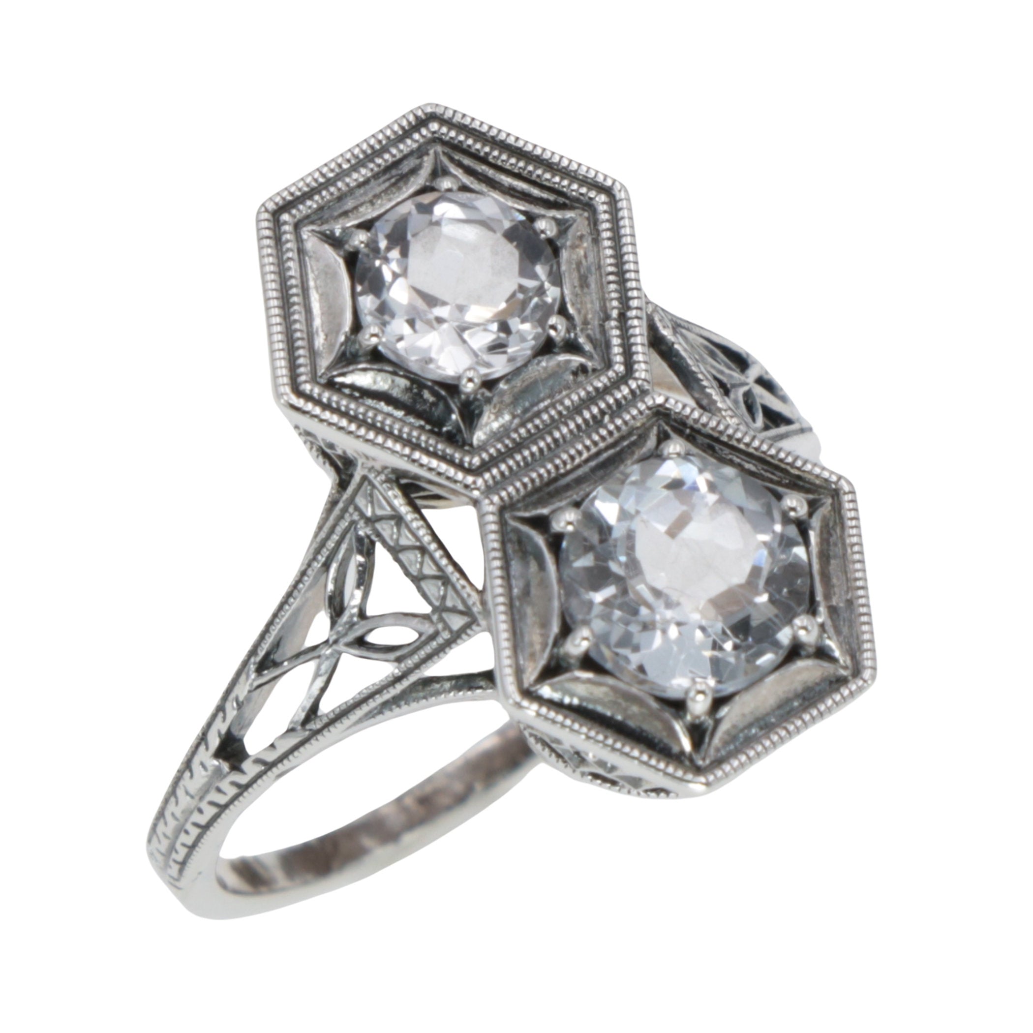 Art Deco style, White Topaz, sterling silver rings, front view
