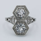 Back view of Art Deco Two Stone White Topaz Ring with 5mm & 6mm Gemstones Sterling Silver Filigree Ring showing 925 sterling 