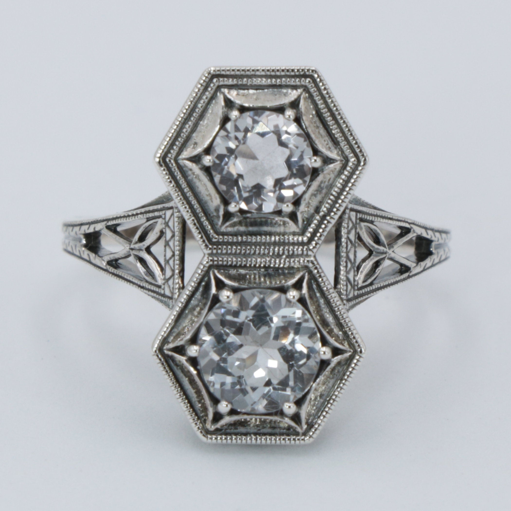 Back view of Art Deco Two Stone White Topaz Ring with 5mm & 6mm Gemstones Sterling Silver Filigree Ring showing 925 sterling 