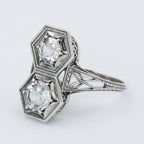 Detail view of Art Deco Two Stone White Topaz Ring with 5mm & 6mm Gemstones Sterling Silver Filigree Ring highlighting White 