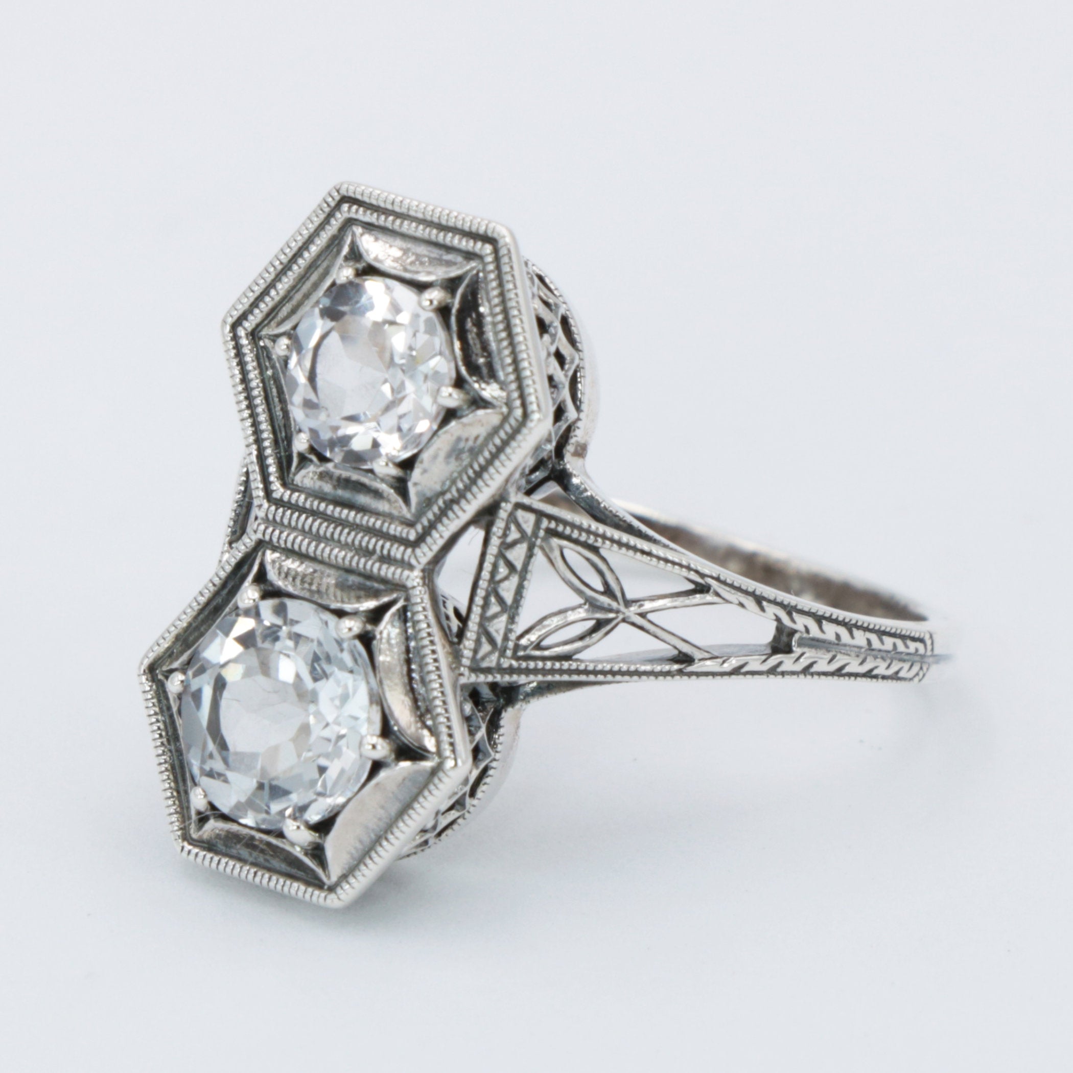 Detail view of Art Deco Two Stone White Topaz Ring with 5mm & 6mm Gemstones Sterling Silver Filigree Ring highlighting White 