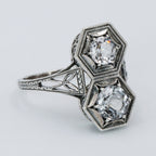Detail view of Art Deco Two Stone White Topaz Ring with 5mm & 6mm Gemstones Sterling Silver Filigree Ring highlighting White 