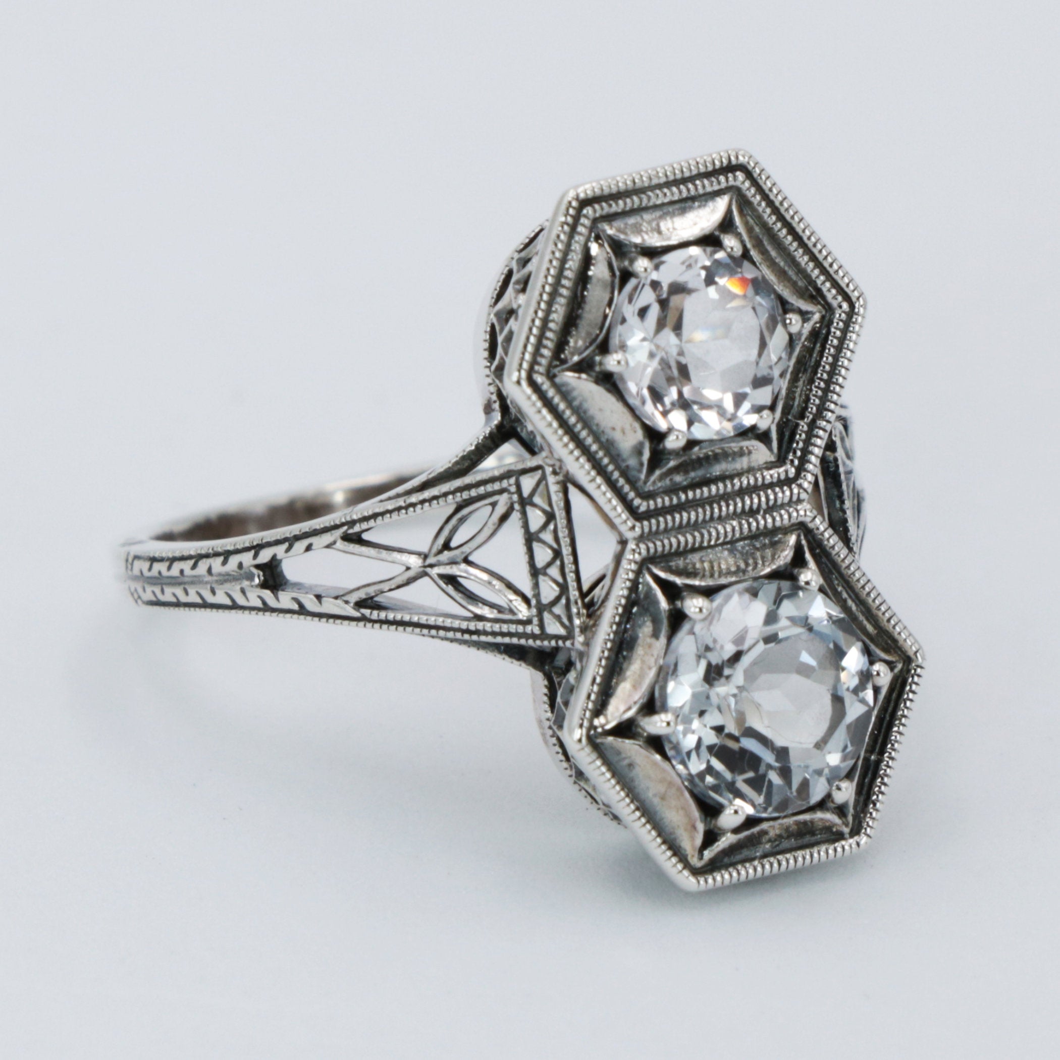 Detail view of Art Deco Two Stone White Topaz Ring with 5mm & 6mm Gemstones Sterling Silver Filigree Ring highlighting White 