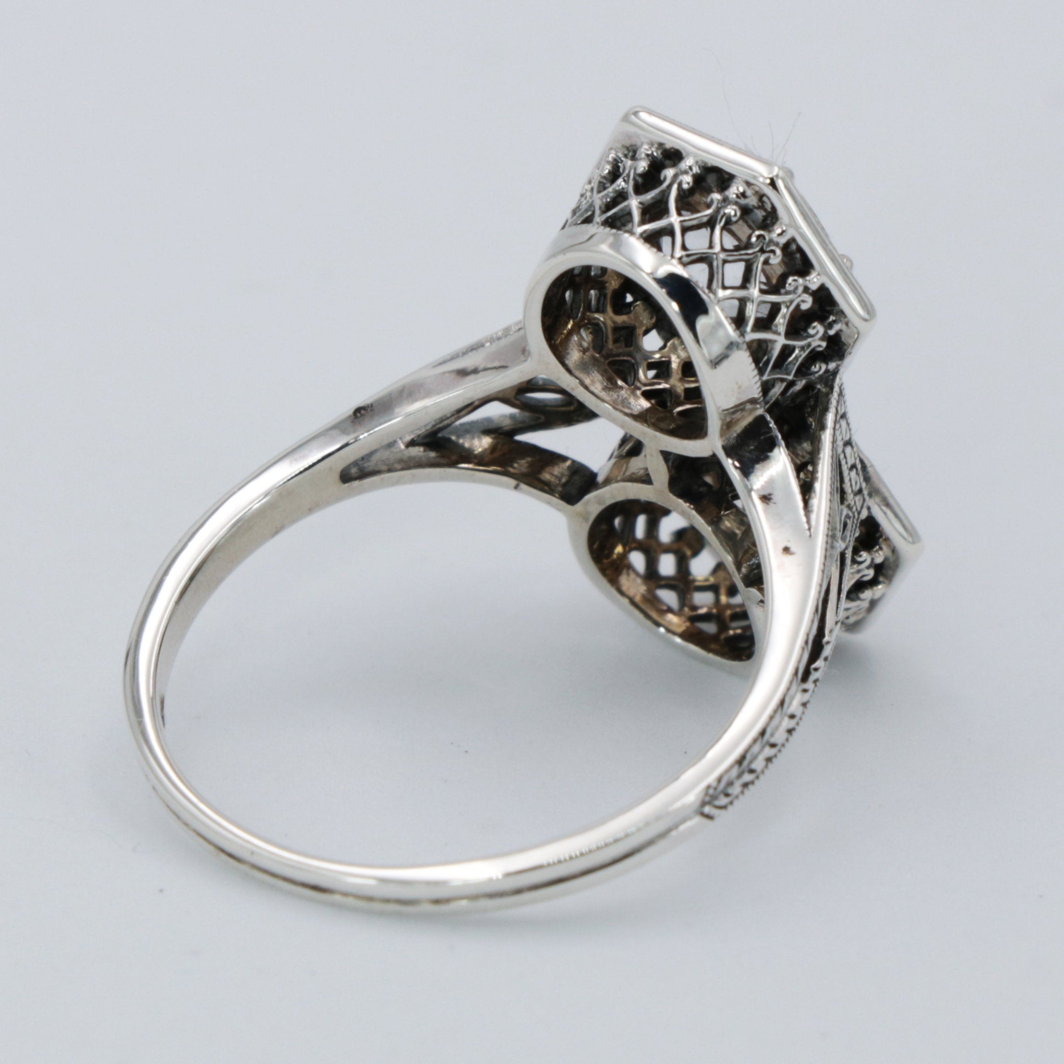 Detail view of Art Deco Two Stone White Topaz Ring with 5mm & 6mm Gemstones Sterling Silver Filigree Ring highlighting White 