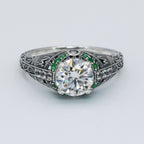 Back view of Art Deco Style White Topaz Filigree Ring Green Emerald Accents Sterling Silver showing 925 sterling silver hallm