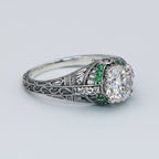 Detail view of Art Deco Style White Topaz Filigree Ring Green Emerald Accents Sterling Silver highlighting White Topaz, Emera