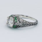 Detail view of Art Deco Style White Topaz Filigree Ring Green Emerald Accents Sterling Silver highlighting White Topaz, Emera