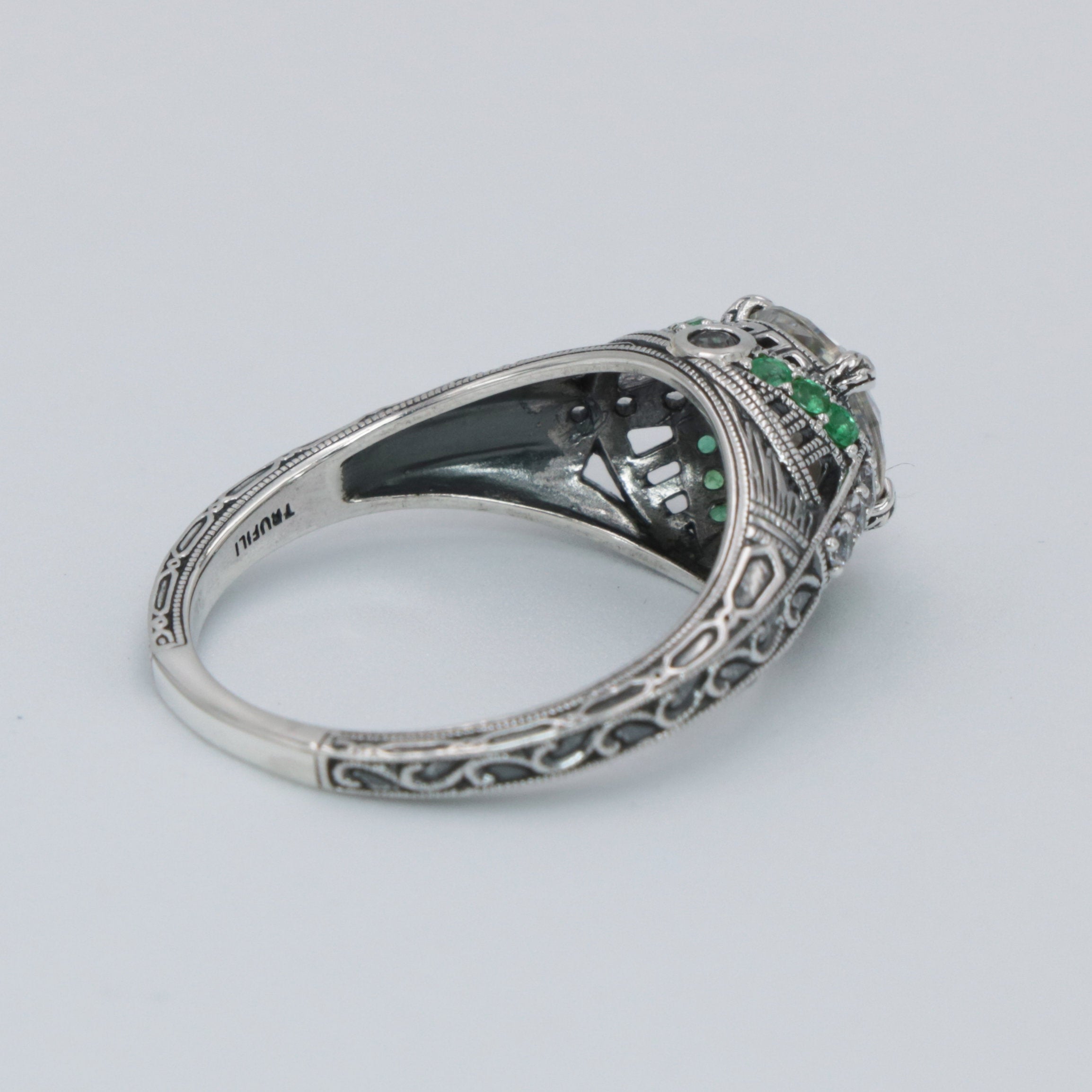 Detail view of Art Deco Style White Topaz Filigree Ring Green Emerald Accents Sterling Silver highlighting White Topaz, Emera