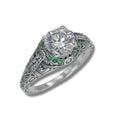 Art Deco style, White Topaz, Emerald, sterling silver rings, front view