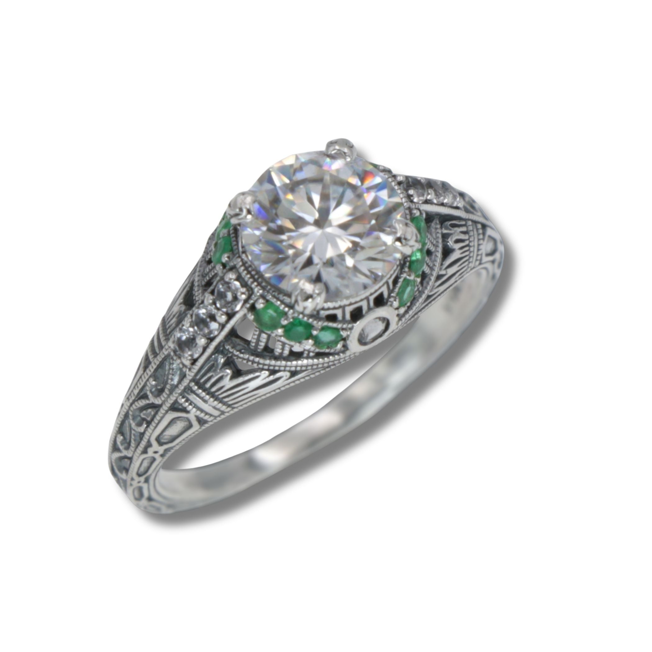 Art Deco style, White Topaz, Emerald, sterling silver rings, front view