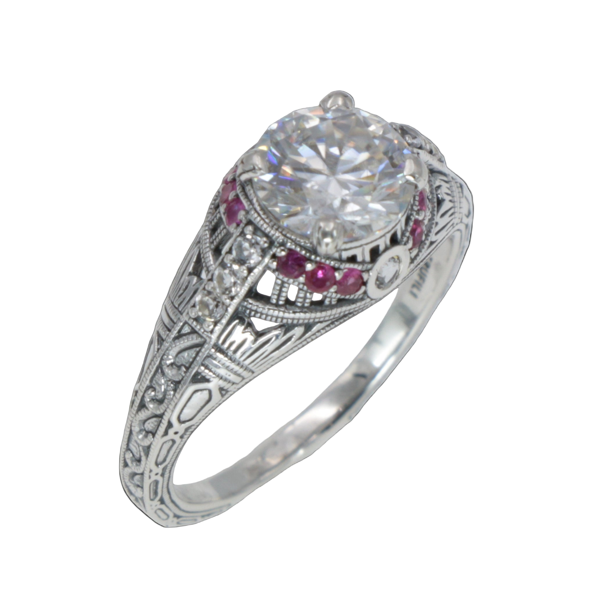Art Deco style, White Topaz, Ruby, sterling silver rings, front view