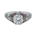 Back view of Art Deco Style White Topaz Filigree Ring Natural Red Ruby Accents Sterling Silver showing 925 sterling silver ha