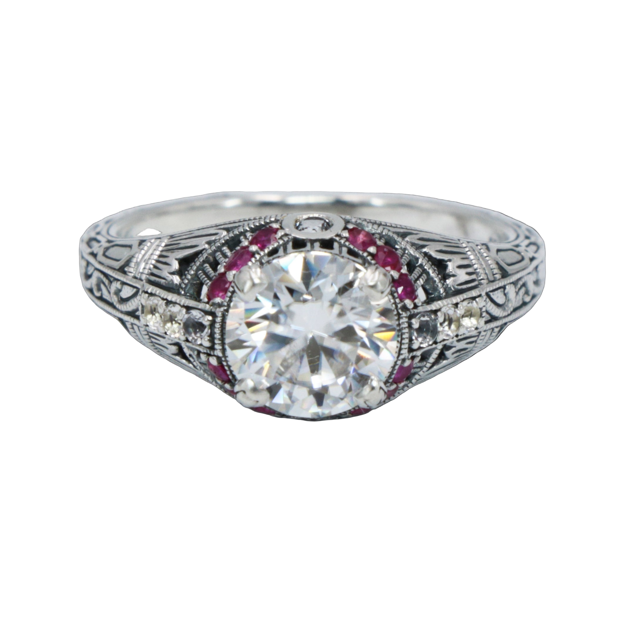 Back view of Art Deco Style White Topaz Filigree Ring Natural Red Ruby Accents Sterling Silver showing 925 sterling silver ha