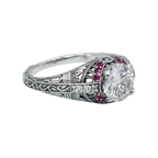Detail view of Art Deco Style White Topaz Filigree Ring Natural Red Ruby Accents Sterling Silver highlighting White Topaz, Ru