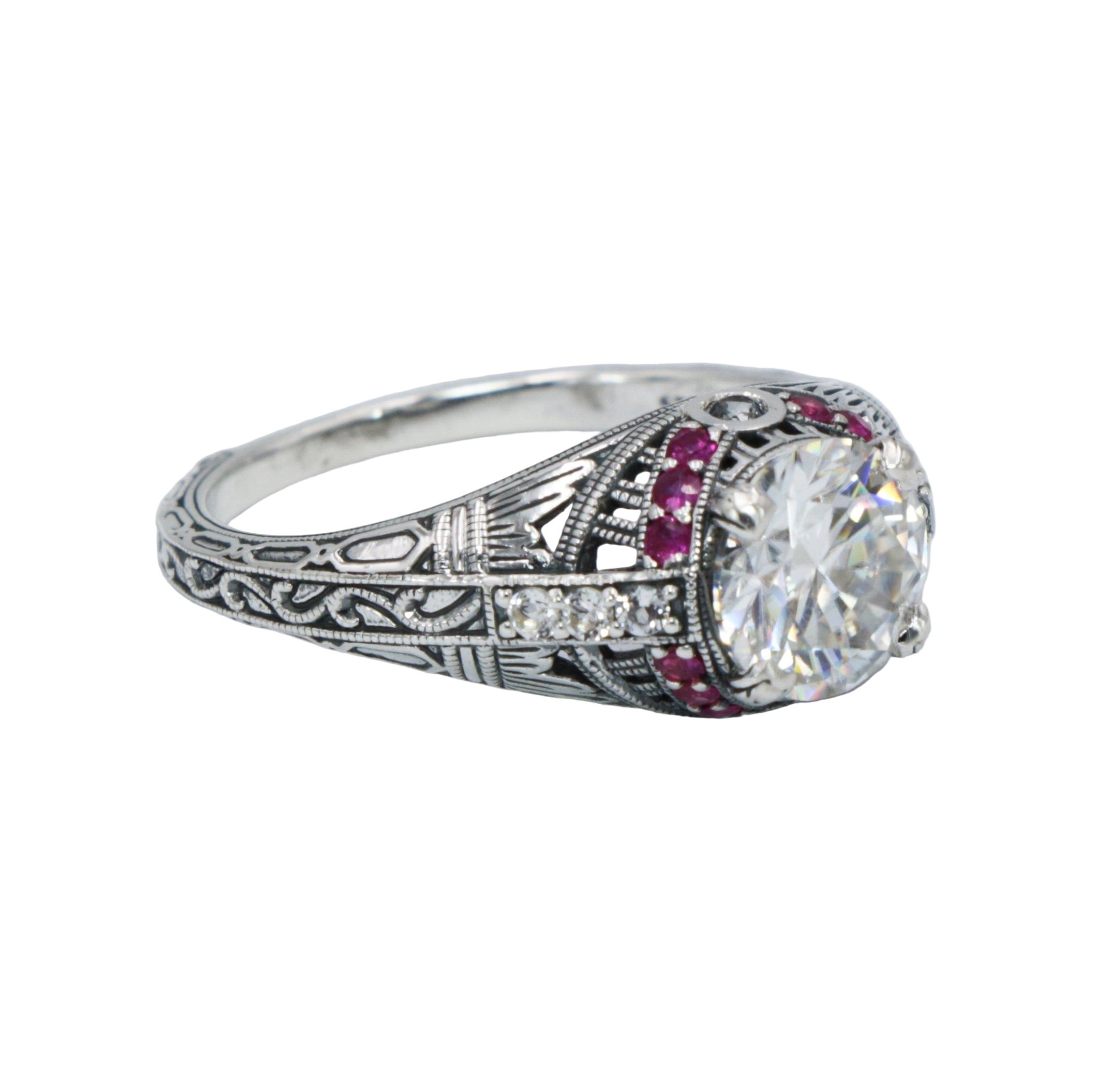Detail view of Art Deco Style White Topaz Filigree Ring Natural Red Ruby Accents Sterling Silver highlighting White Topaz, Ru
