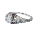 Detail view of Art Deco Style White Topaz Filigree Ring Natural Red Ruby Accents Sterling Silver highlighting White Topaz, Ru