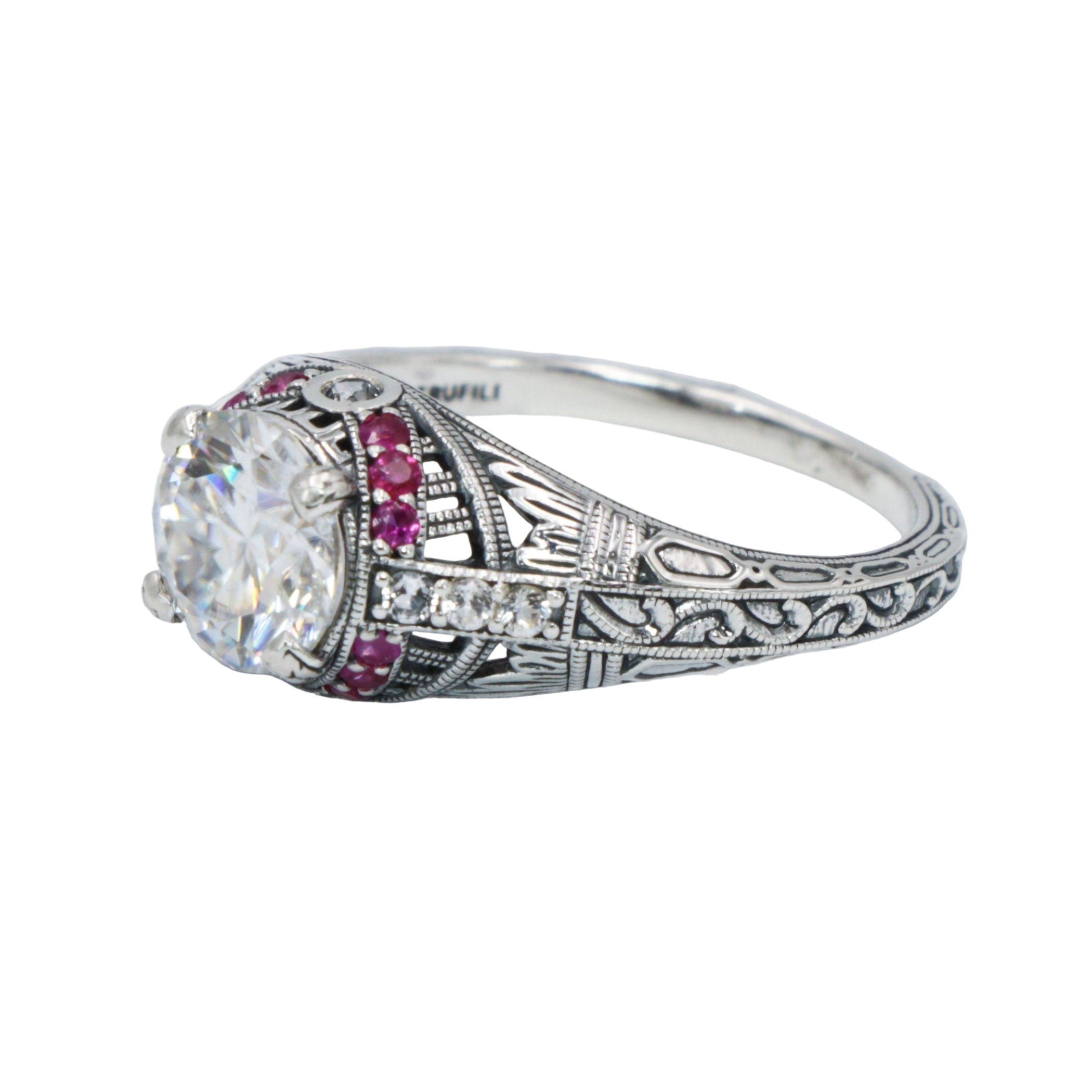 Detail view of Art Deco Style White Topaz Filigree Ring Natural Red Ruby Accents Sterling Silver highlighting White Topaz, Ru