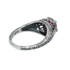 Detail view of Art Deco Style White Topaz Filigree Ring Natural Red Ruby Accents Sterling Silver highlighting White Topaz, Ru