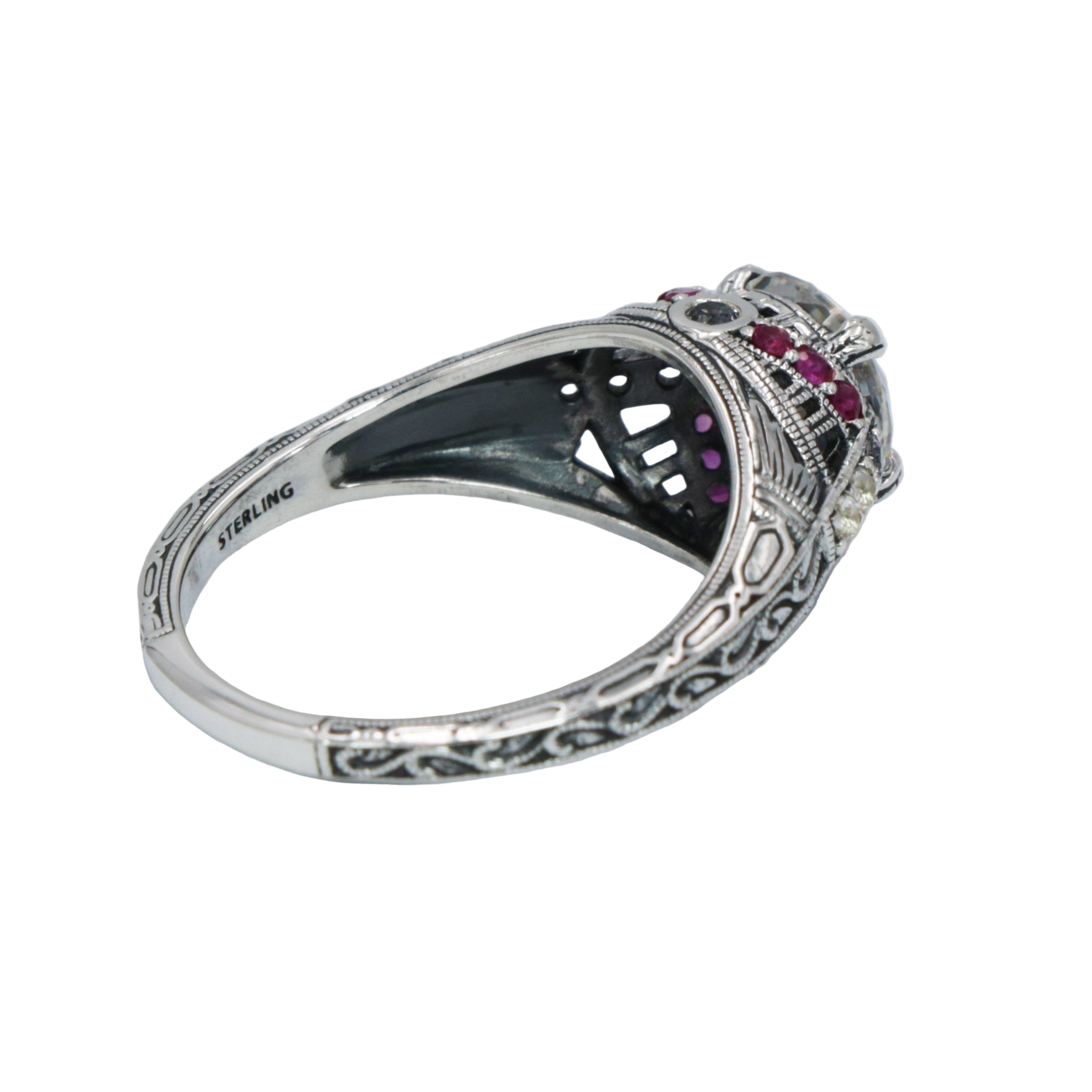 Detail view of Art Deco Style White Topaz Filigree Ring Natural Red Ruby Accents Sterling Silver highlighting White Topaz, Ru