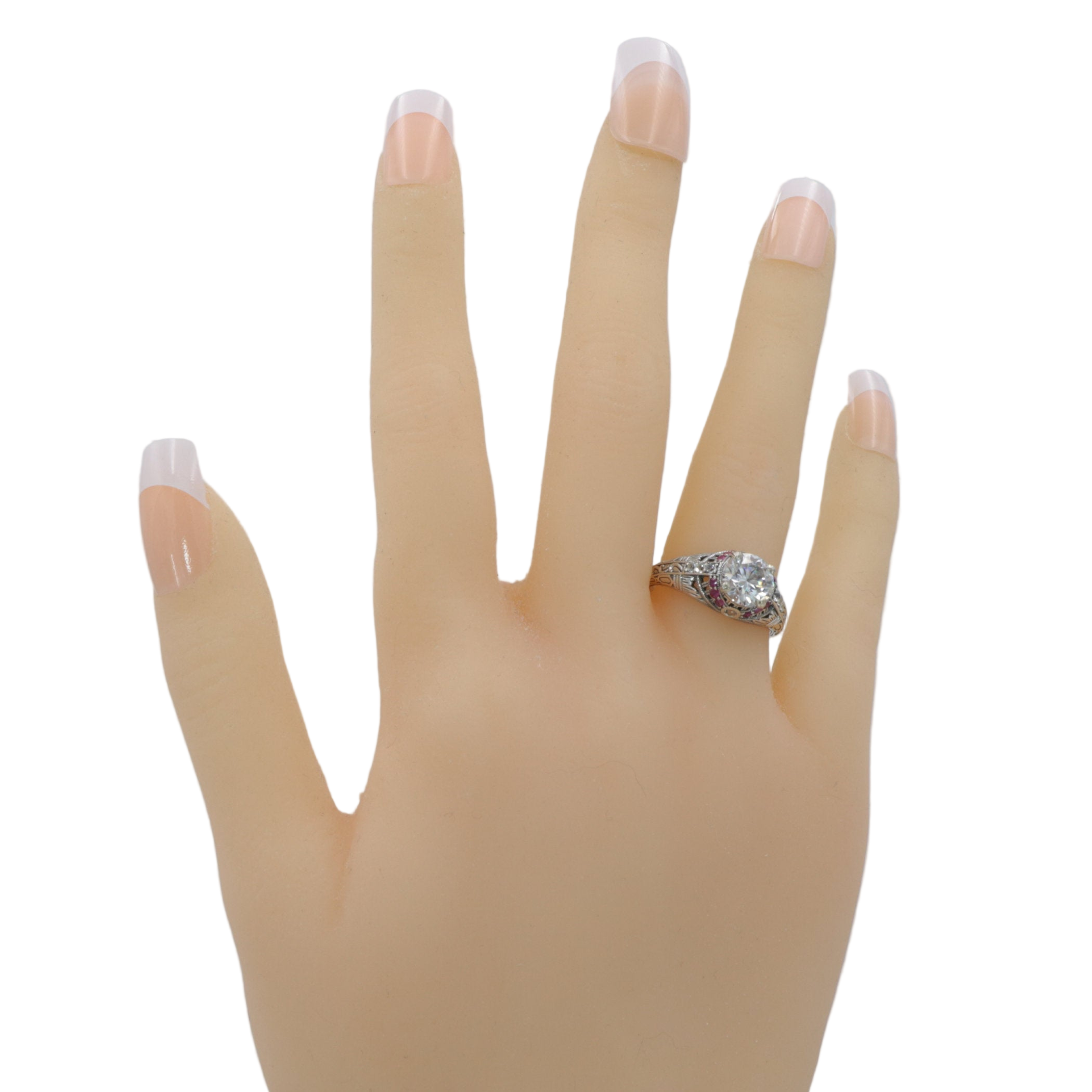 Detail view of Art Deco Style White Topaz Filigree Ring Natural Red Ruby Accents Sterling Silver highlighting White Topaz, Ru