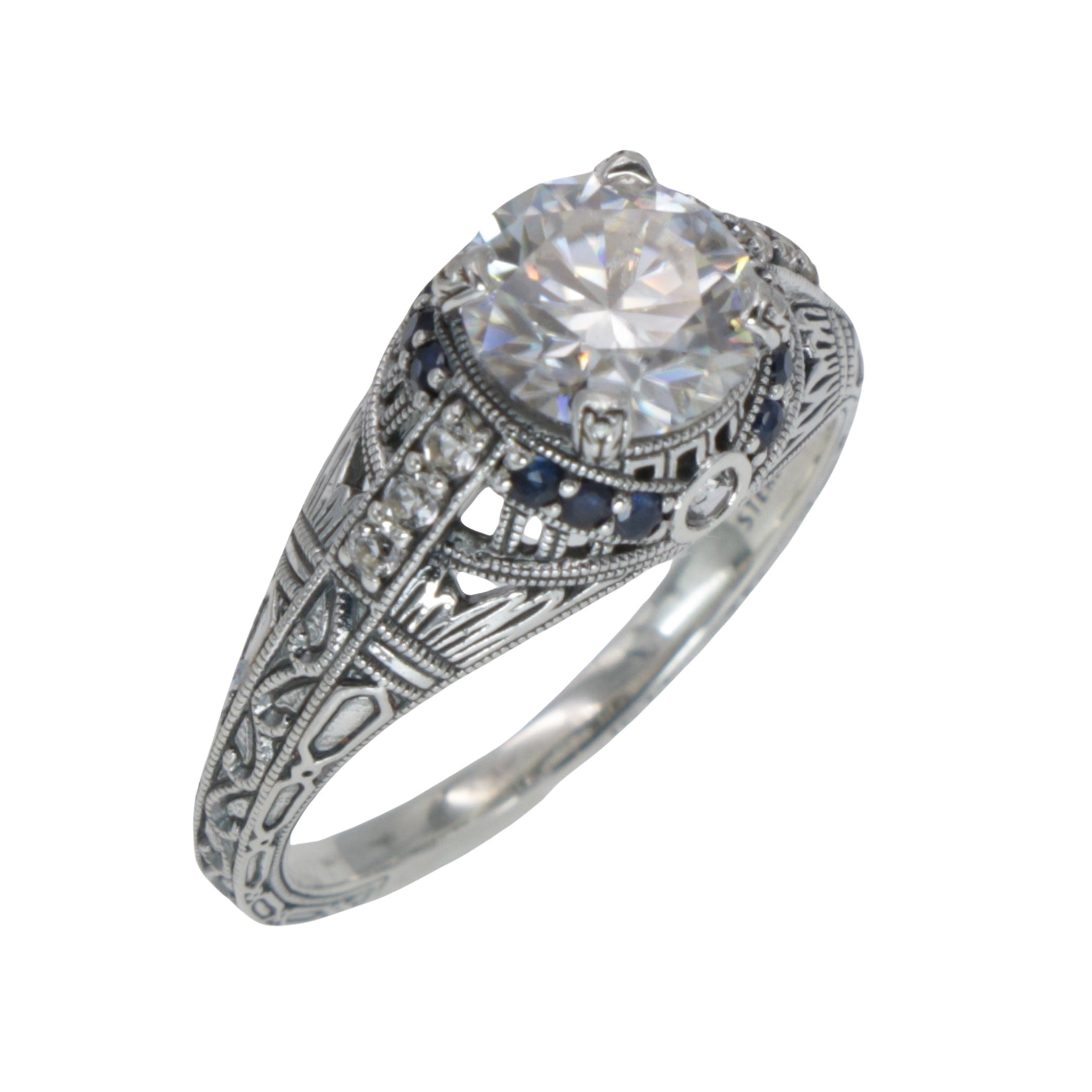 Art Deco style, White Topaz, Sapphire, sterling silver rings, front view