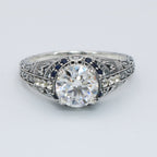 Back view of Art Deco Style White Topaz Filigree Ring w/ Blue Sapphire Sterling Silver showing 925 sterling silver hallmark