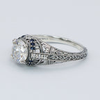 Detail view of Art Deco Style White Topaz Filigree Ring w/ Blue Sapphire Sterling Silver highlighting White Topaz, Sapphire