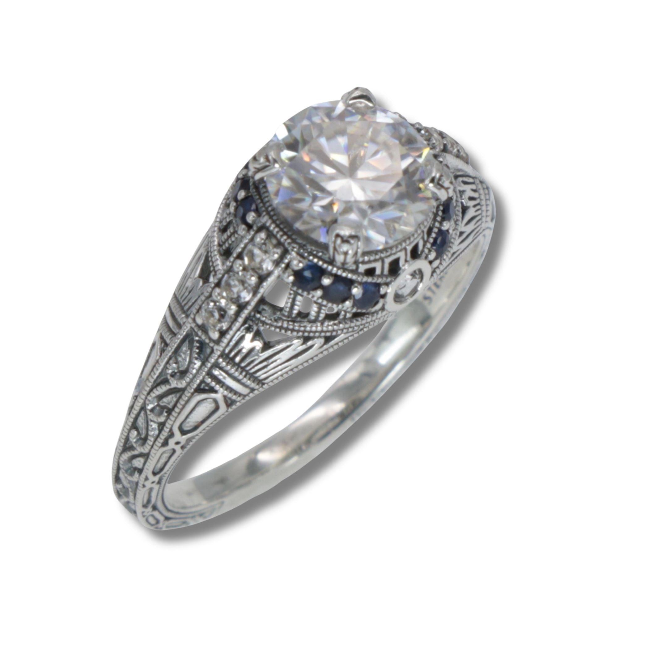 Art Deco style, White Topaz, Sapphire, sterling silver rings, front view