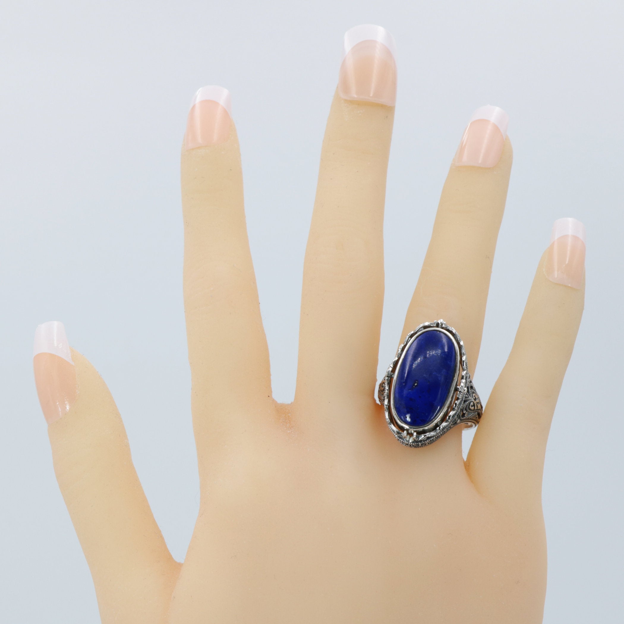 Detail view of Victorian Style Lapis Diamond and Onyx Filigree Flip Ring Sterling Silver highlighting Diamond, Lapis