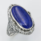 Back view of Victorian Style Lapis Diamond and Onyx Filigree Flip Ring Sterling Silver showing 925 sterling silver hallmark