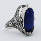 Detail view of Victorian Style Lapis Diamond and Onyx Filigree Flip Ring Sterling Silver highlighting Diamond, Lapis