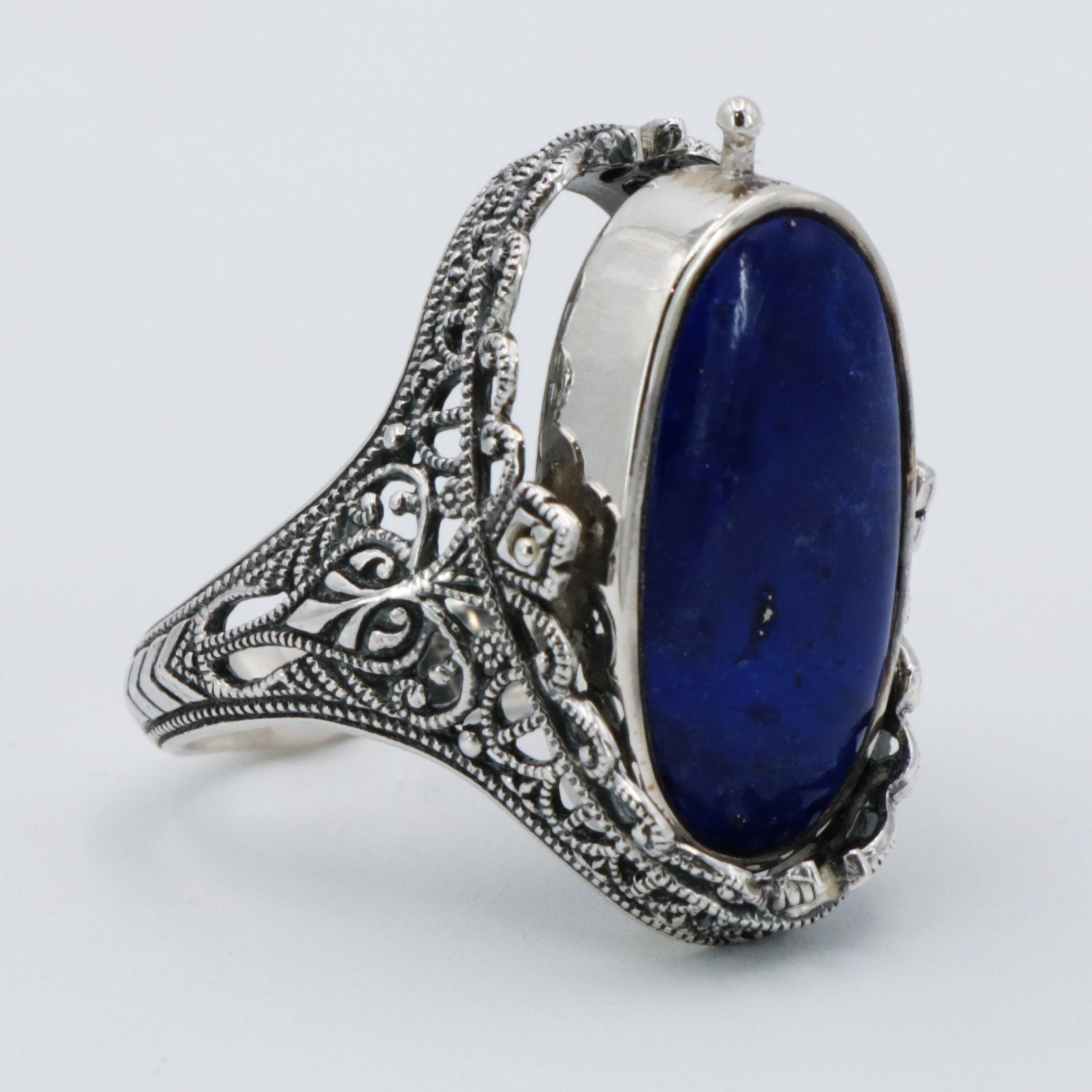 Detail view of Victorian Style Lapis Diamond and Onyx Filigree Flip Ring Sterling Silver highlighting Diamond, Lapis